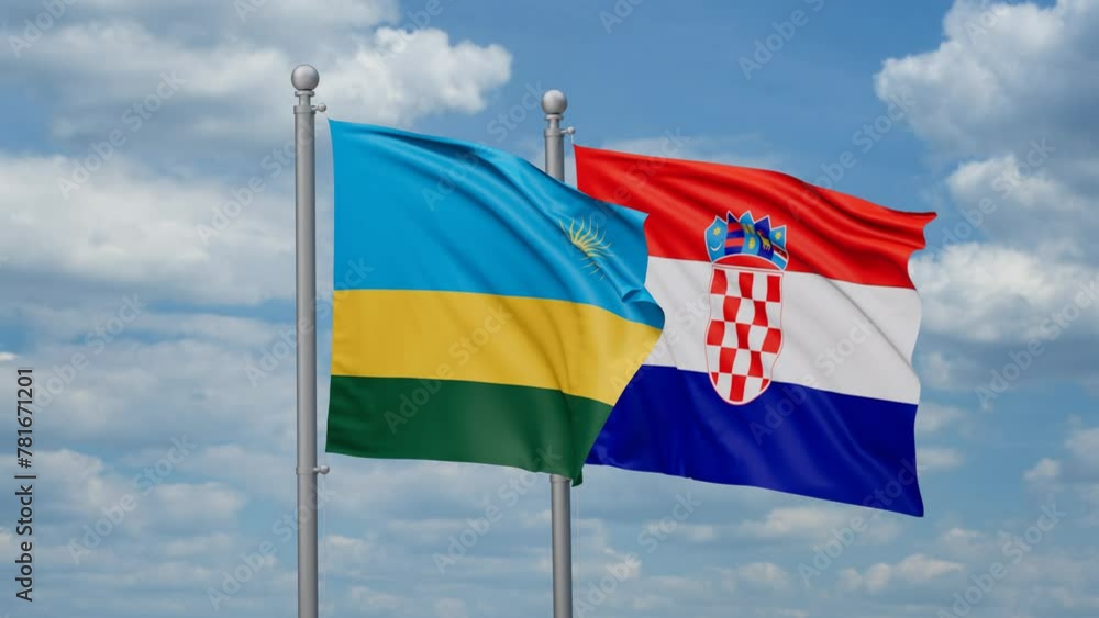 Croatia and Rwanda two flags waving together, looped video, two country cooperation concept Croatia and Rwanda two flags waving together, looped video, two country cooperation concept