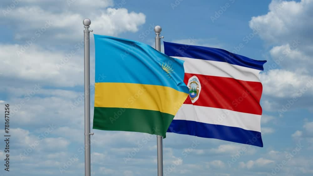 Costa Rico and Rwanda two flags waving together, looped video, two country cooperation concept Costa Rico and Rwanda two flags waving together, looped video, two country cooperation concept