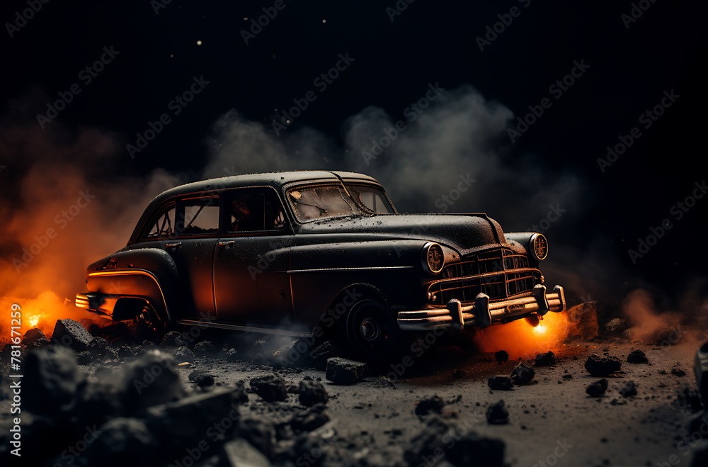a burn car by the side of the street, ai generative