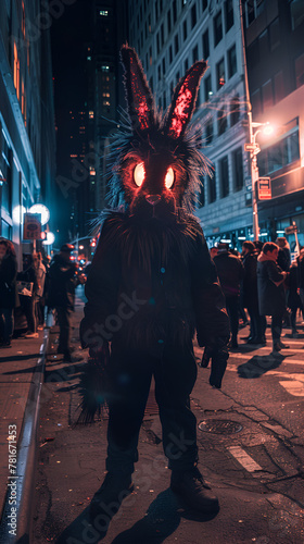 scary bunny, man in scary horror bunny costume in street at night
