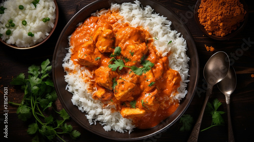 wide top view background food image, butter masala chicken and boiled white rice, Indian traditional food recipe banner image in black color table photo