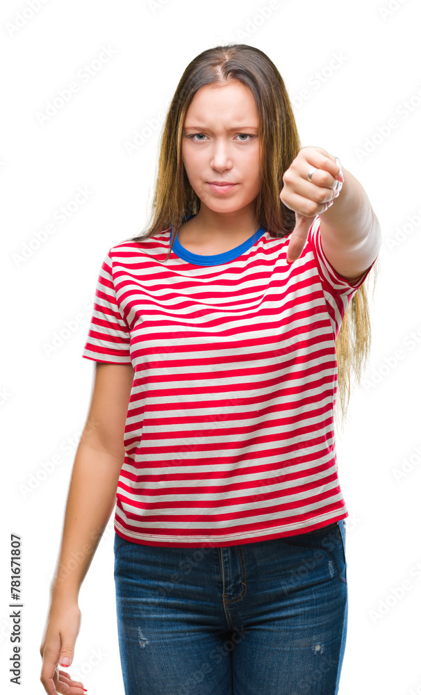 Young caucasian beautiful woman over isolated background looking unhappy and angry showing rejection and negative with thumbs down gesture. Bad expression. Young caucasian beautiful woman over isolated background looking unhappy and angry showing rejection and negative with thumbs down gesture. Bad expression.