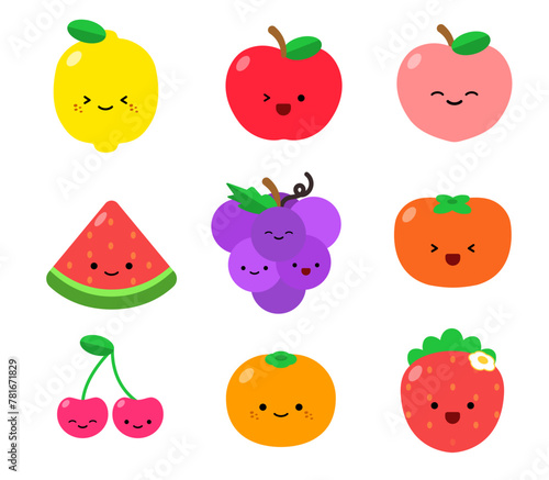 귀여운 레몬,사과,복숭아,수박,포도,감,귤,체리,딸기 과일 캐릭터 세트