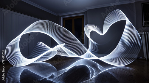 Light painting techniques creating dynamic patterns and shapes in dark room, high resolution.