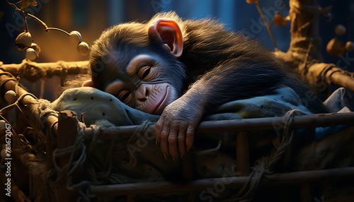 a little chimpanzee resting in a bed of hay, ai generative