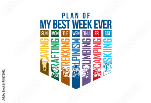 Vector t-shirt designs with extreme activity illustrations: caving, rafting, trekking, alpinism, climbing, camping, skiing