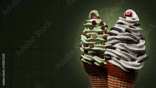Mint Chocolate Chip & Cookies with Cream Ice Cream Flavors in Chocolate Dipped Waffle Cones - 3d Render (ID: 781672201)