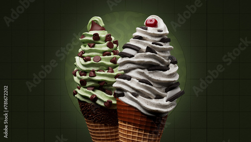 Mint Chocolate Chip & Cookies with Cream Ice Cream Flavors in Chocolate Dipped Waffle Cones - 3d Render (ID: 781672202)
