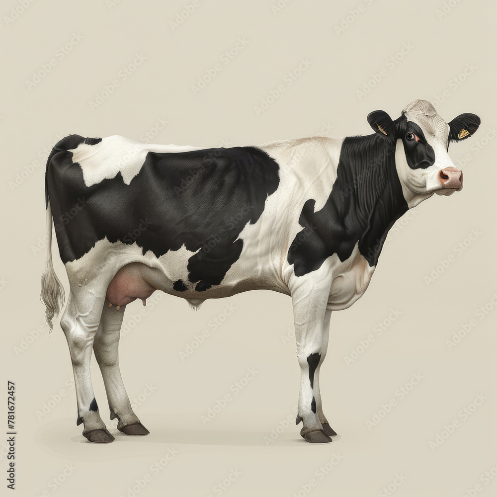 A cow isolated on a cream background. Concept of animal, dairy milk, animal husbandry, agriculture, chesse, mik products, domestic animal rights, meat, burger, butcher
