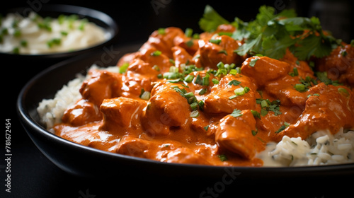 wide top view background food image, butter masala chicken and boiled white rice, Indian traditional food recipe banner image in black color table