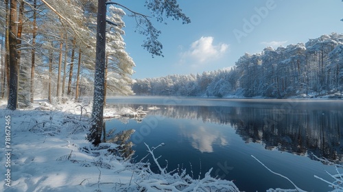 Snowy trees by lake in forest