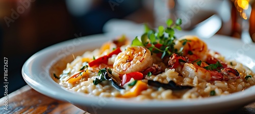 A close-up of a bowl of rich, creamy risotto, studded with plump shrimp and fresh herbs, presented on a modern white plate