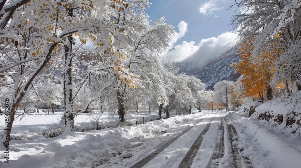 Snowy road with trees and snow on both sides - obrazy, fototapety, plakaty 