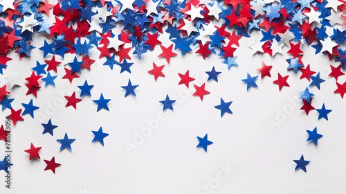 4th of July American Independence Day. Happy Independence Day. Red  blue and white star confetti  paper decorations on white background. Flat lay  top view  copy space  banner