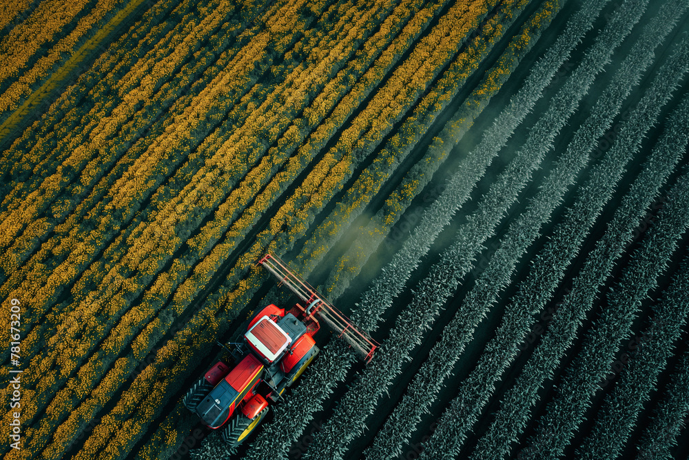 Aerial view of a Tractor spraying pesticides in the field with seed farmers in spring Aerial view of a Tractor spraying pesticides in the field with seed farmers in spring