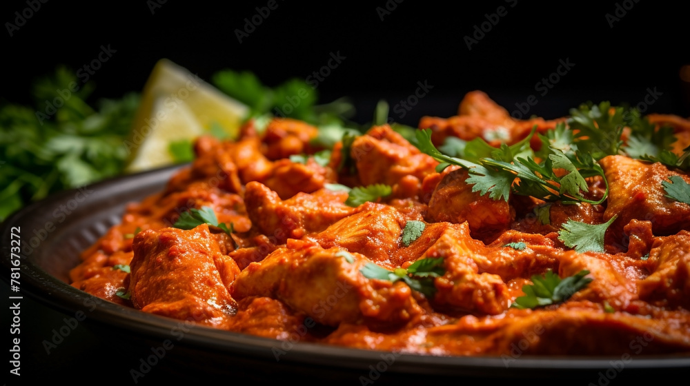wide top view background food image, butter masala chicken and boiled white rice, Indian traditional food recipe banner image in black color table wide top view background food image, butter masala chicken and boiled white rice, Indian traditional food recipe banner image in black color table