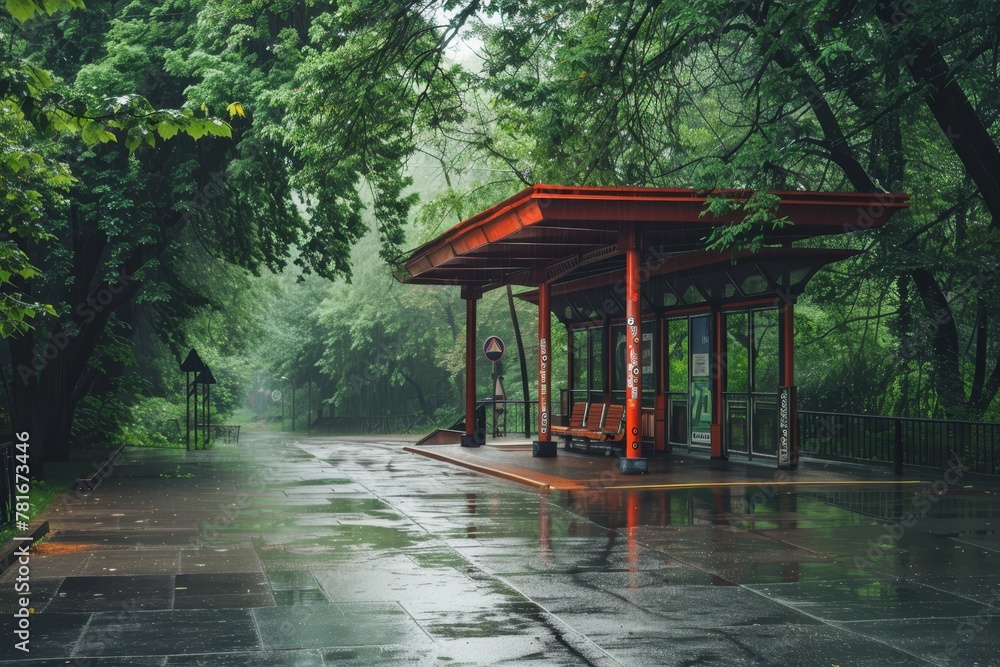 Empty bus station surrounded by lush green trees Empty bus station surrounded by lush green trees
