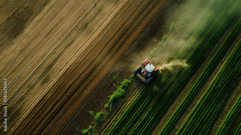 Aerial view of a Tractor spraying pesticides in the field with seed farmers in spring