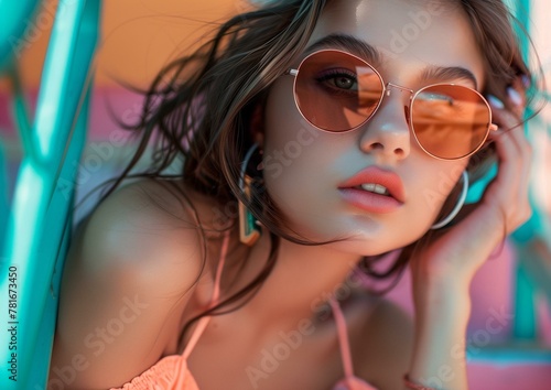 Stylish Young Woman Posing with Trendy Sunglasses in Vibrant Summer Setting