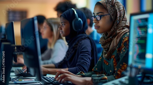 Group of Muslim women working with computers