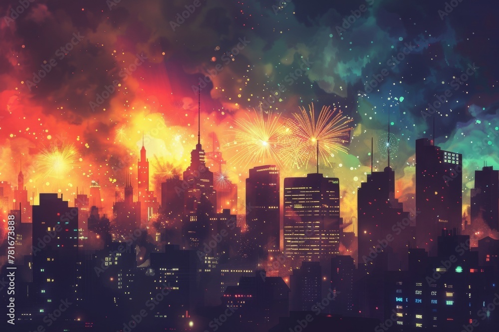 Night city skyline with colorful fireworks display, yellow, red, black, and blue tones
