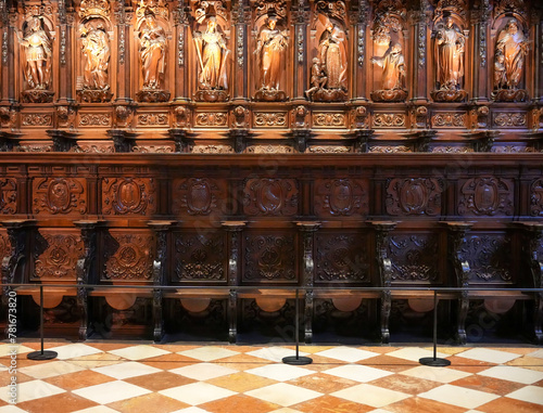 Carved wooden choir stalls in Malaga Cathedral