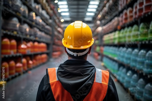 A man in a yellow helmet and orange vest stands in a warehouse