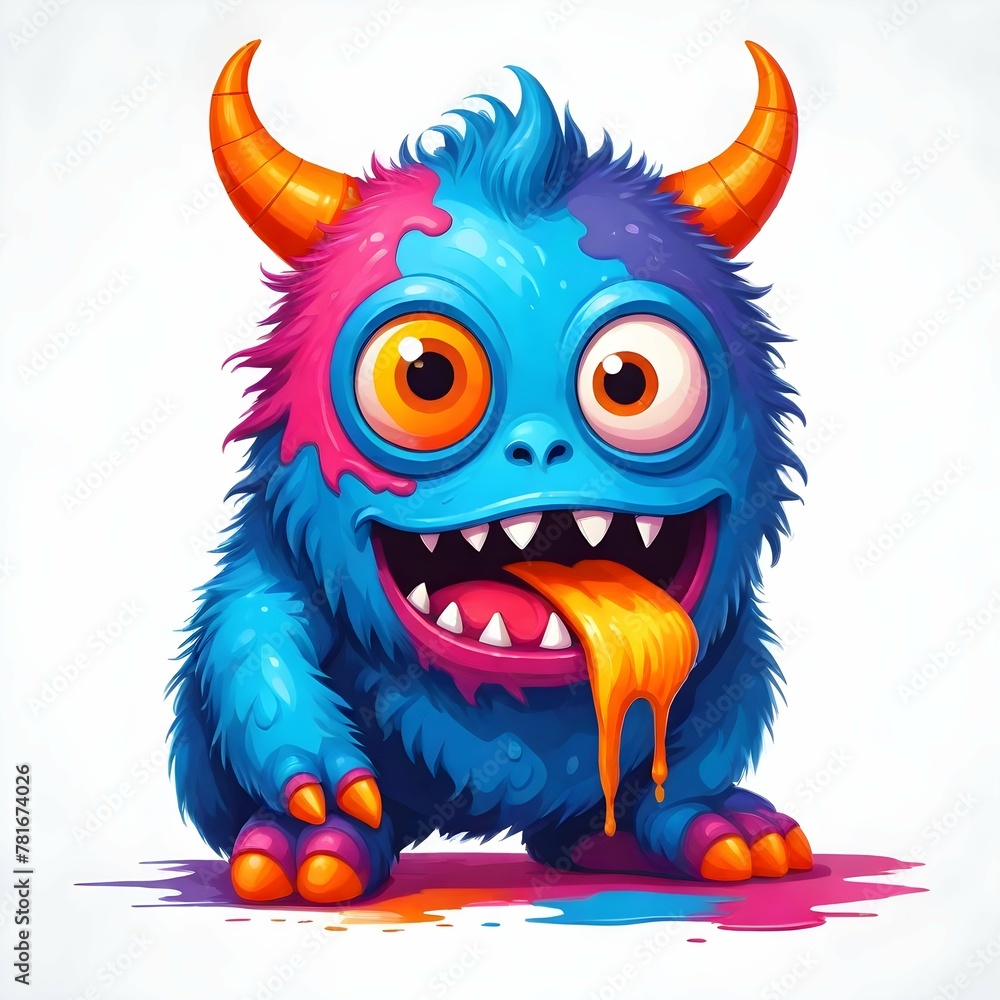 Blue Cartoon Monster with Orange Horns and Melting Drool