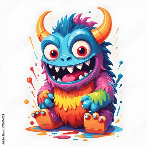 Cheerful Cartoon Monster Celebrating with Paint Splashes