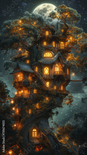Enchanting Treehouse Basking In Moonlight  With Twinkling Stars Peeking Through Lush Foliage