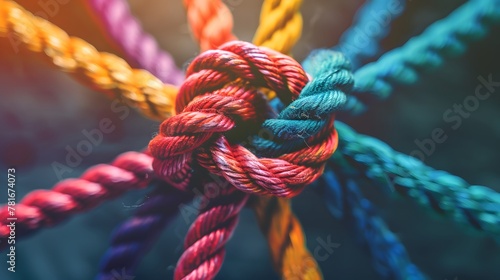 Team rope strength diverse connect partnership together teamwork unity communicate support. The strong and diverse network rope team concept integrates braided color background cooperation and boosts 