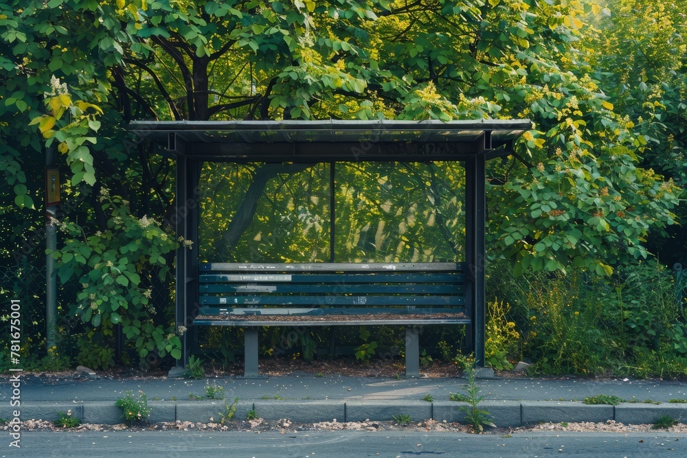 Empty bus stop encircled by lush green trees Empty bus stop encircled by lush green trees
