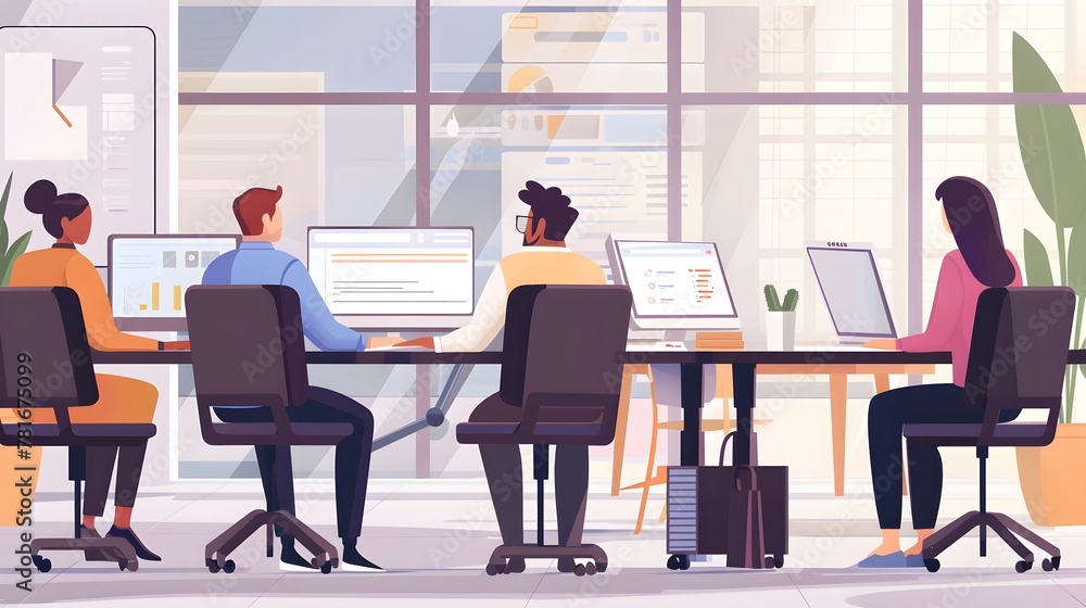 Illustration of an office with several people working on computers Illustration of an office with several people working on computers