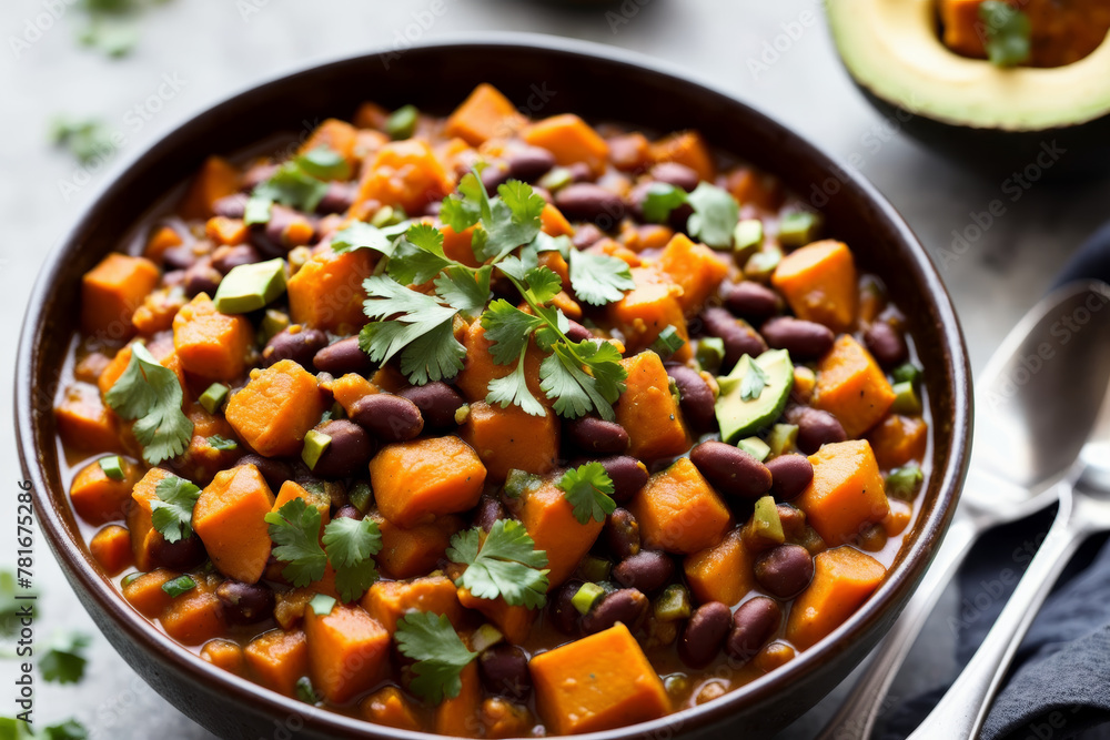 Close-up of sweet potato and black bean chili in a rustic bowl, topped with avocado slices and fresh cilantro. AI generated. Close-up of sweet potato and black bean chili in a rustic bowl, topped with avocado slices and fresh cilantro. AI generated.