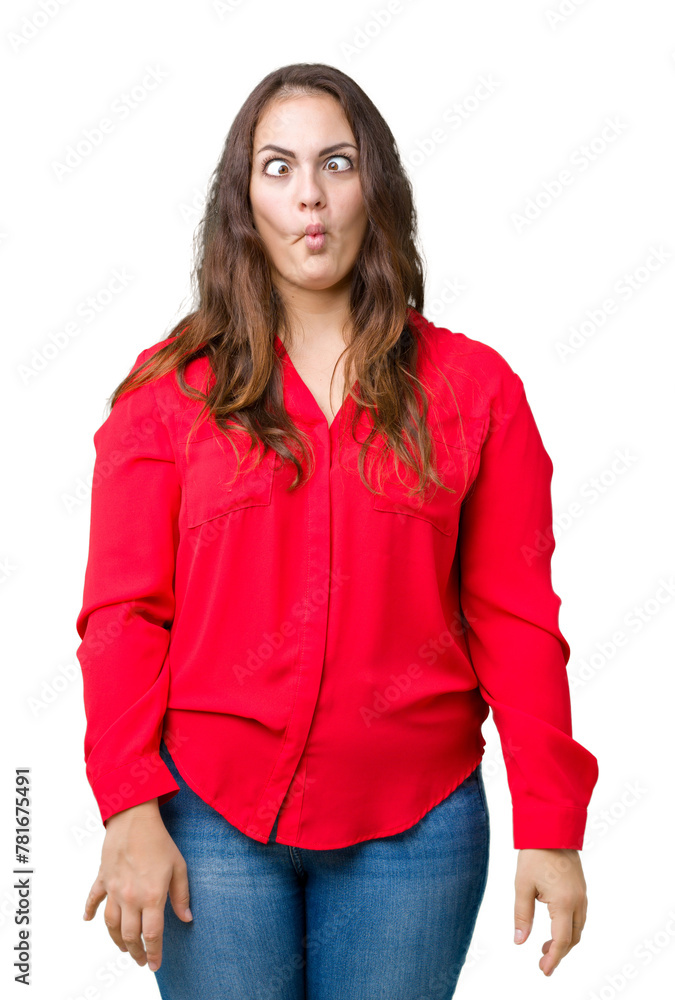 Beautiful plus size young business woman over isolated background making fish face with lips, crazy and comical gesture. Funny expression. Beautiful plus size young business woman over isolated background making fish face with lips, crazy and comical gesture. Funny expression.