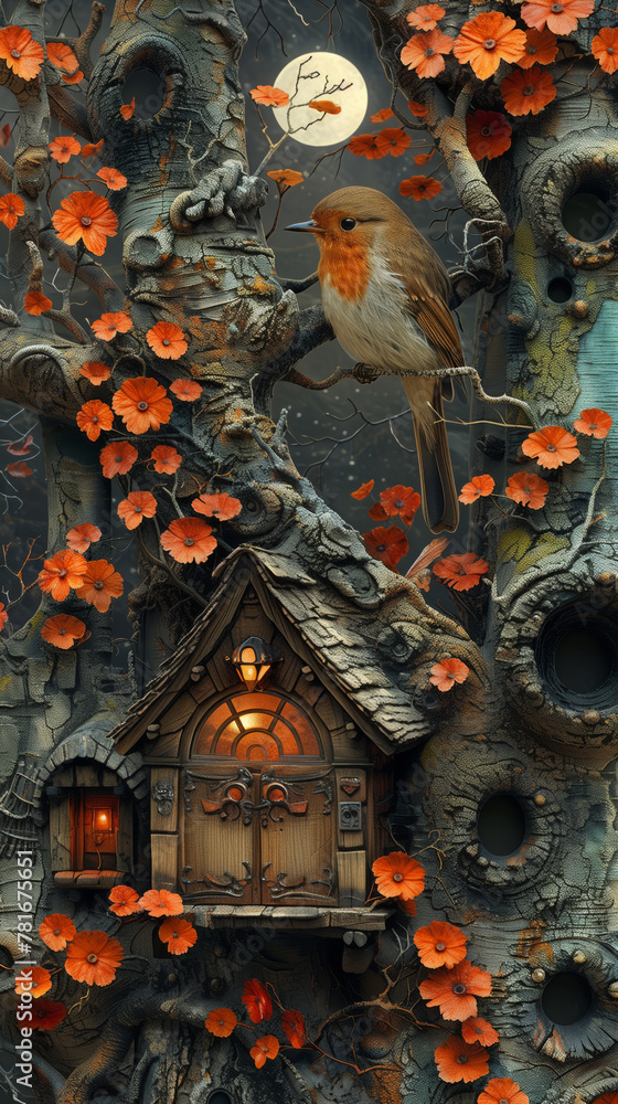 Fototapeta premium Under A Full Moon, A Robin Perches By Its Warm, Glowing House Among Blossoming Flowers