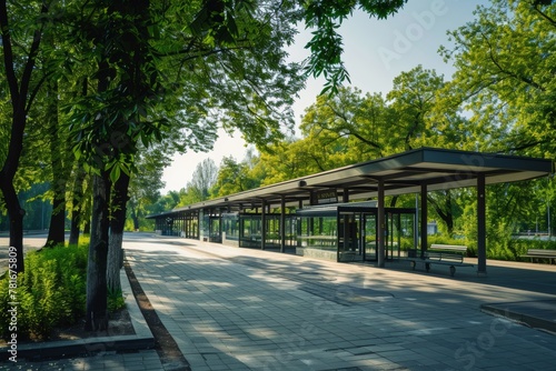 Deserted bus station surrounded by lush greenery