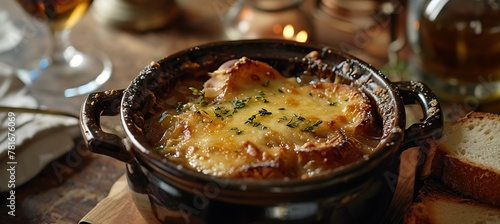 Captivating Culinary Alchemy: A Mesmerizing Close-Up of a Bubbling Pot Overflowing with the Rich Aroma and Golden Hue of French Onion Soup, Stirring the Senses and Whetting the Appetite photo