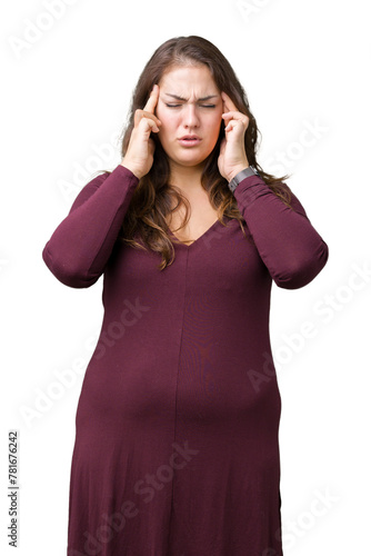 Beautiful and attractive plus size young woman wearing a dress over isolated background with hand on head for pain in head because stress. Suffering migraine.