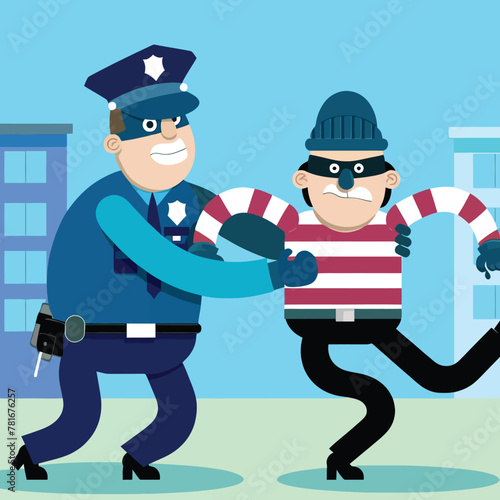 Cartoon illustration of a police officer catching a thief
