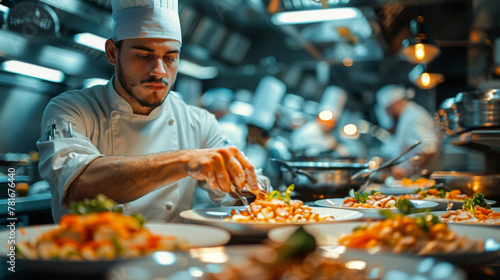 Cook serving food on a plate in the kitchen of a restaurant. photo