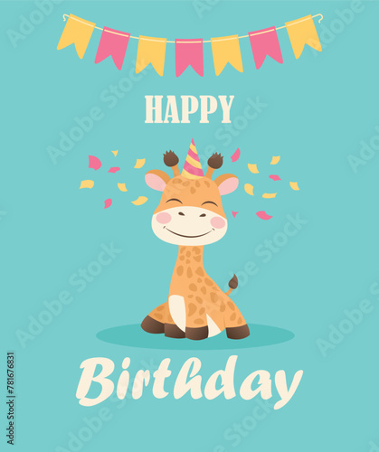 Children's birthday card. Illustration of a cute little giraffe. Text Happy Birthday.