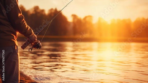 A man is fishing. A close-up of a fishing rod on the background of a lake, a beautiful sunset photo