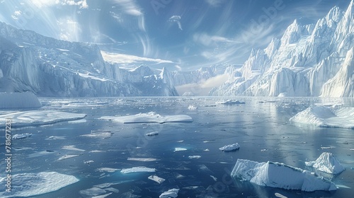 A world covered in ice and snow, with frozen oceans and glaciers extending far beyond their current boundaries photo