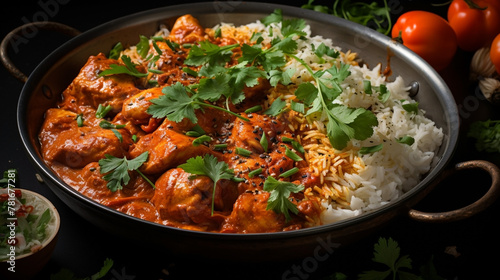 wide top view background food image, butter masala chicken and boiled white rice, Indian traditional food recipe banner image in black color table