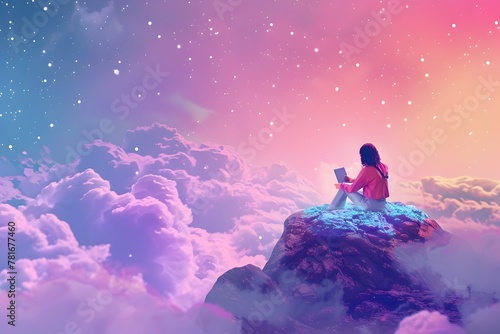 A woman is sitting on a rock in the sky, reading a book. The sky is filled with clouds and stars, creating a dreamy and peaceful atmosphere