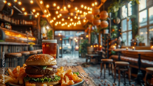 Pub-Style Gourmet Burger and Ale: Cozy Bistro Setting