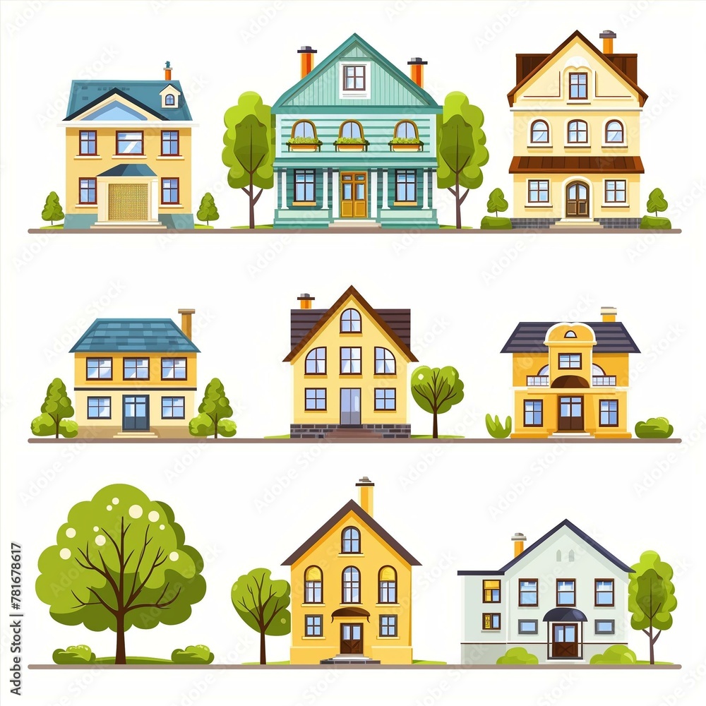 Colorful Cartoon Suburban Family Homes Set with Lush Greenery