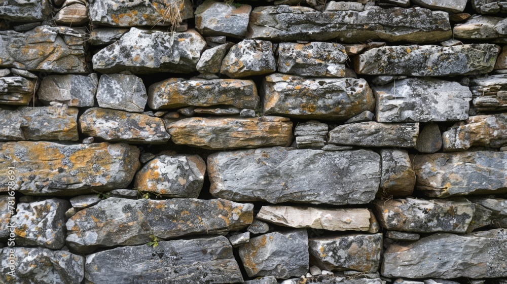 Close up of stone wall with yellow lichen Close up of stone wall with yellow lichen