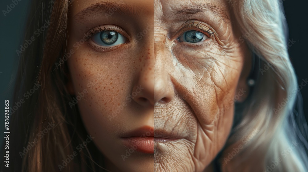 woman's face, half young, half old. generative ai woman's face, half young, half old. generative ai